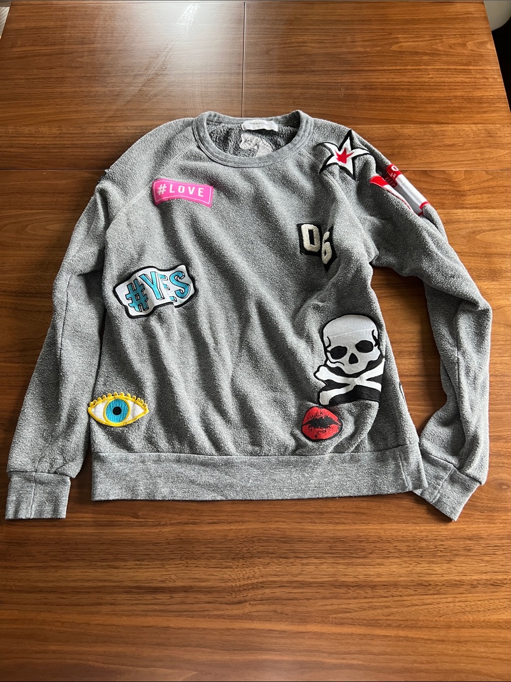 SoulCycle Gray Patchwork Graphic Crewneck Sweater